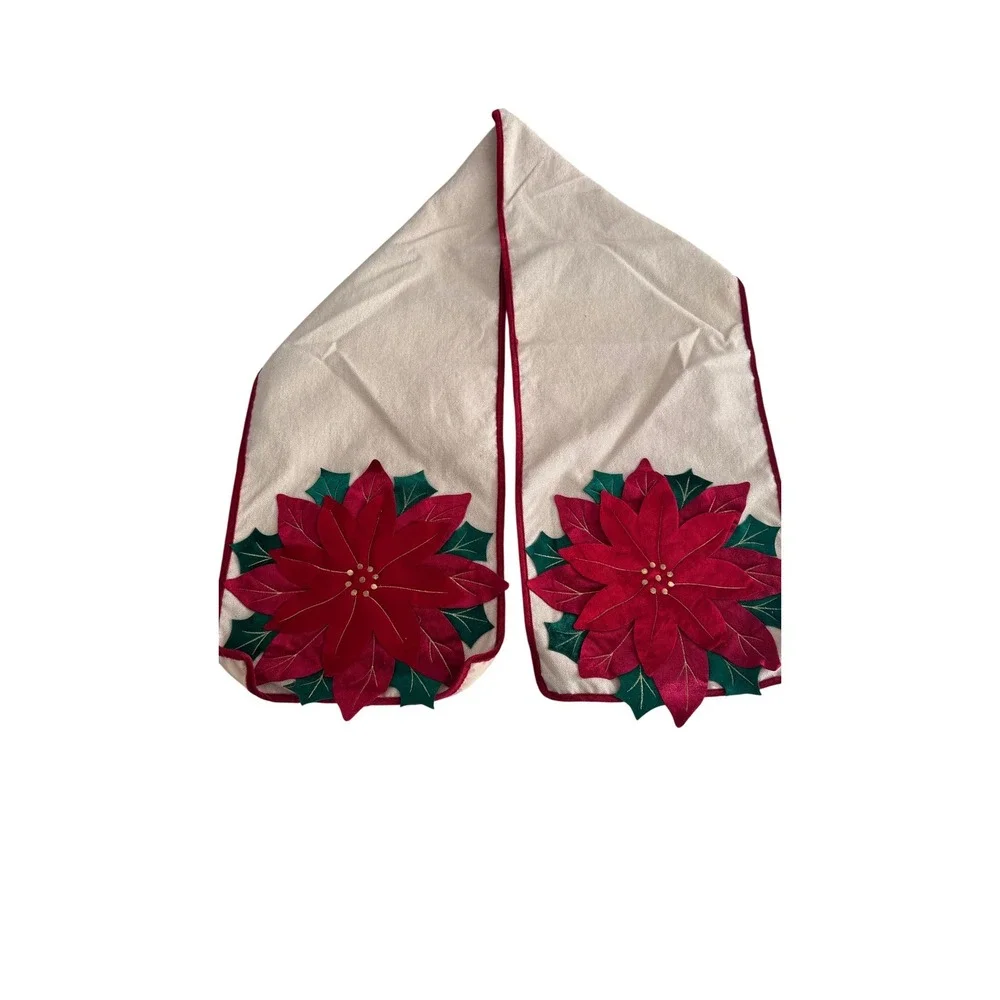 Christmas Poinsettia Table Runner Burgundy Red Green Beige Woven 13